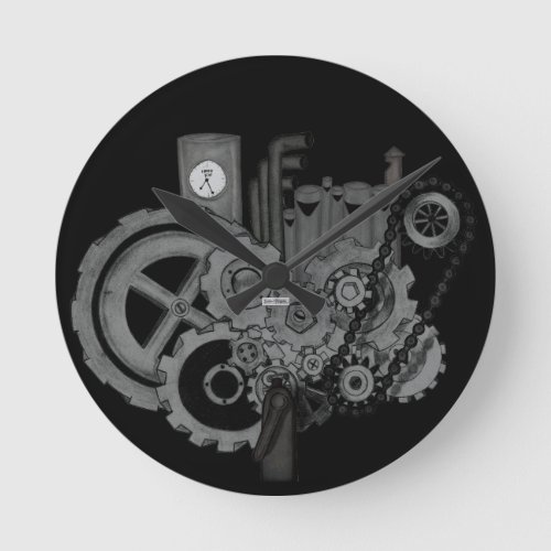 Steampunk Machinery Monochrome Round Clock