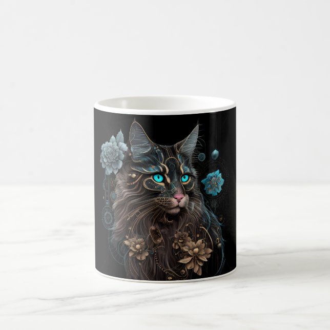 Steampunk  magic Maine Coon cat and flowers AI art Coffee Mug (Center)