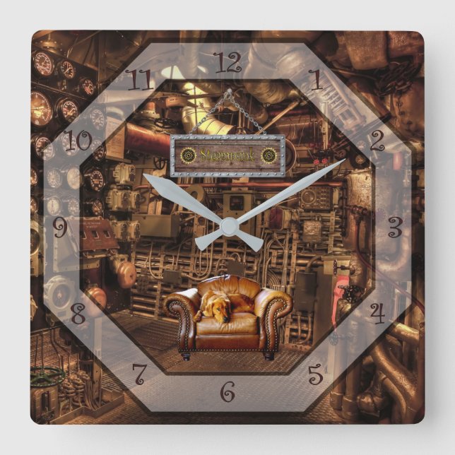 Steampunk ~ Man Cave ~ Gages ~ Meters ~ Pipes ~   Square Wall Clock (Front)