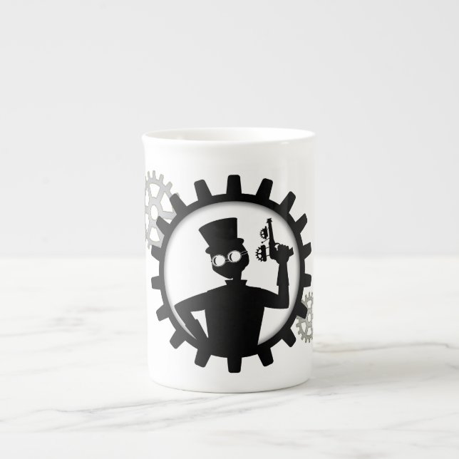 Steampunk Man Holding Gun In Gear Bone China Mug (Front)