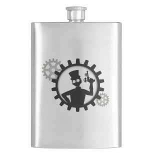 Steampunk Man Holding Gun In Gear Flask