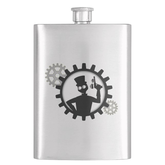 Steampunk Man Holding Gun In Gear Flask (Front)
