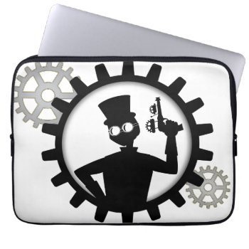 Steampunk Man Holding Gun In Gear Laptop Sleeve by BlackBrookElectronic at Zazzle