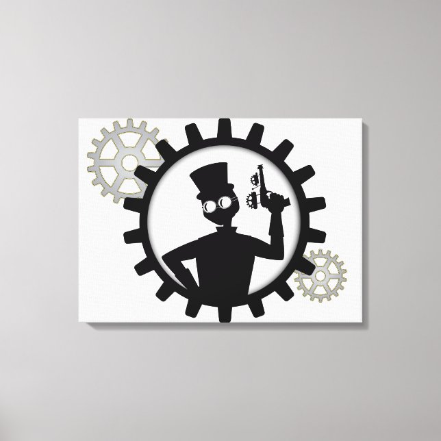 Steampunk Man Holding Gun In Gear Wrapped Canvas Print (Front)