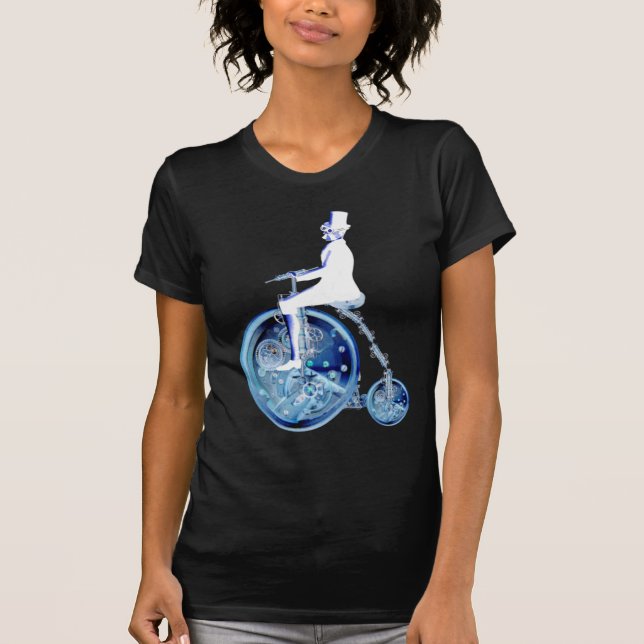 Steampunk man on penny farthing blue white neon T-Shirt (Front)