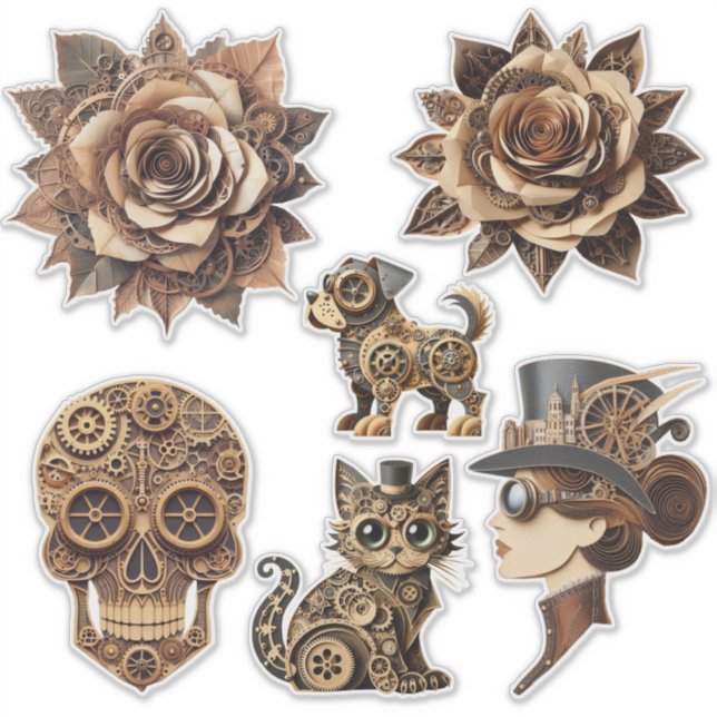 Steampunk man woman animals paper crafts art sticker (Front)