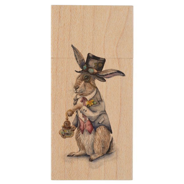 Steampunk March Hare Wood Flash Drive (Back (Vertical))