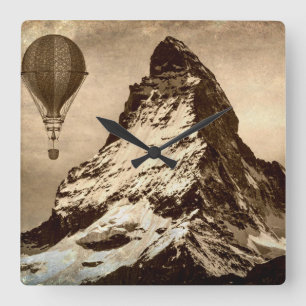 Steampunk Matterhorn Scene Square Wall Clock