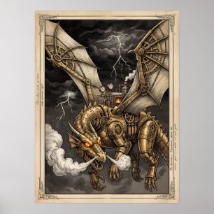Steampunk Mechanical Dragon Brass Gears Victorian Poster