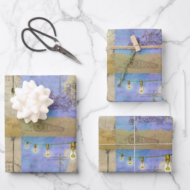 Steampunk Mechanical Edison Light Bulb Architect Wrapping Paper Sheets (Front)