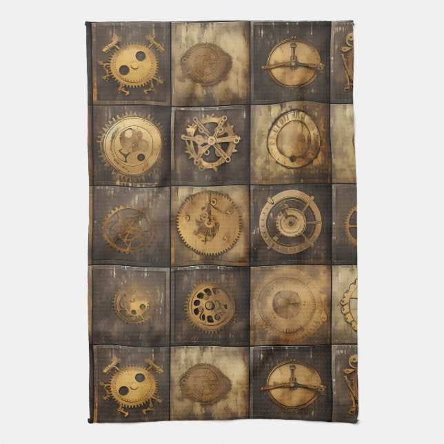Steampunk Mechanical Gear Tile Pattern Gold Bronze Kitchen Towel (Vertical)