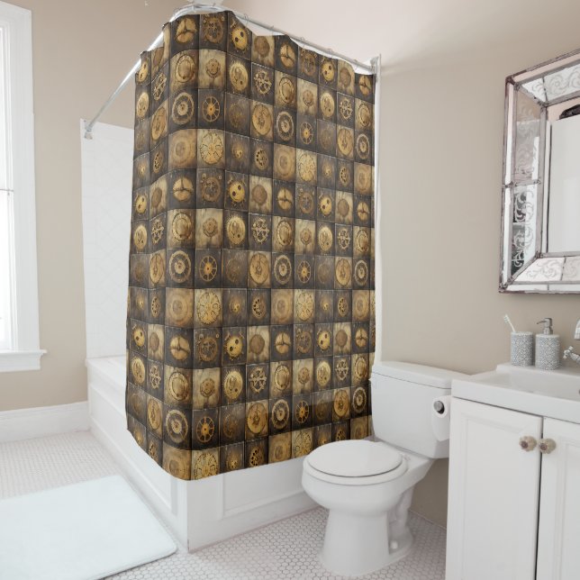 Steampunk Mechanical Gear Tile Pattern Gold Bronze Shower Curtain (In Situ)