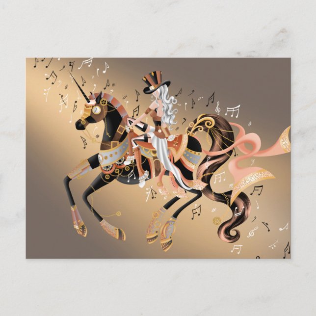 Steampunk Mechanical Horse & Lady coffee gold  Postcard (Front)