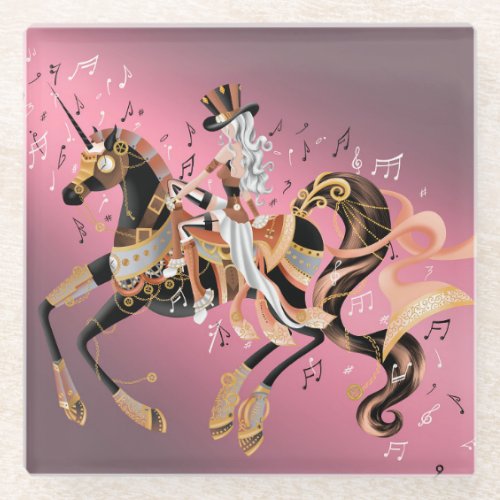 Steampunk Mechanical Horse  Lady Glass Coaster