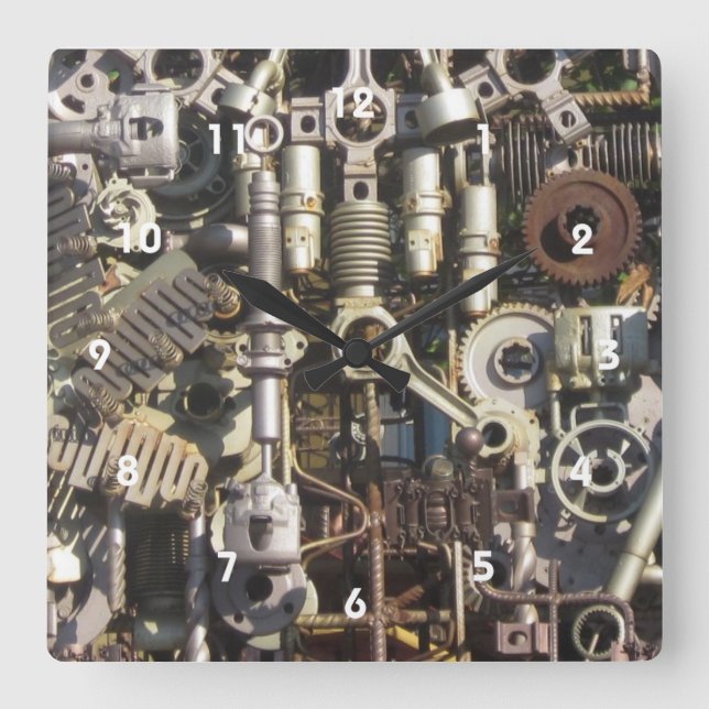 Steampunk mechanical machinery machines square wall clock (Front)