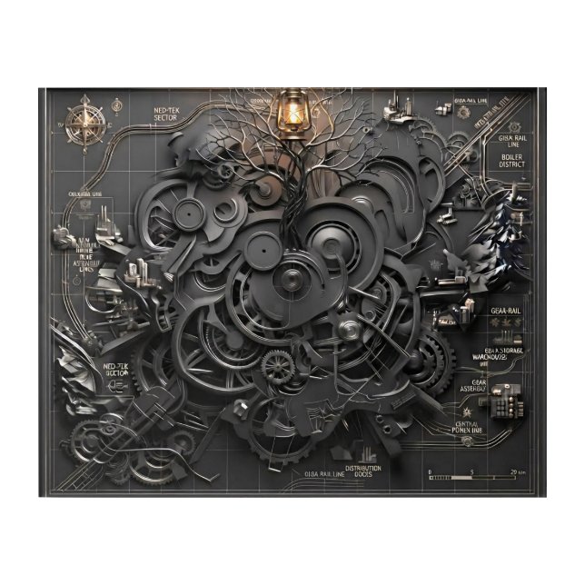 ​Steampunk Mechanical Map Wall Art (Front)