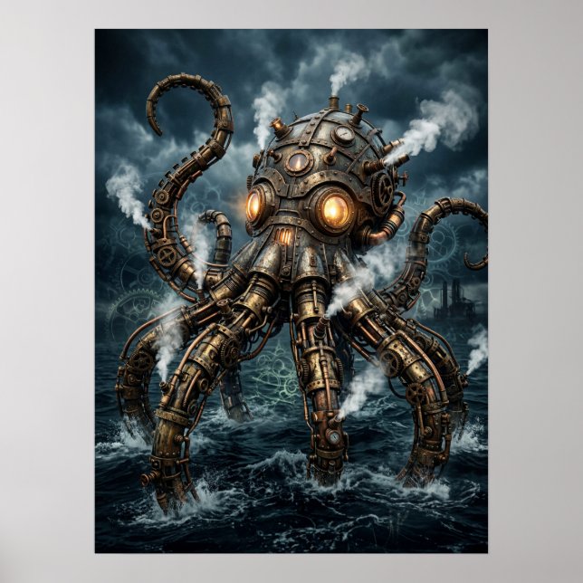  Steampunk Mechanical Octopus Rising From Ocean  Poster (Front)