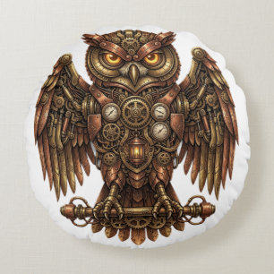 Steampunk Mechanical Owl Vintage Bronze Gear Thro Round Pillow