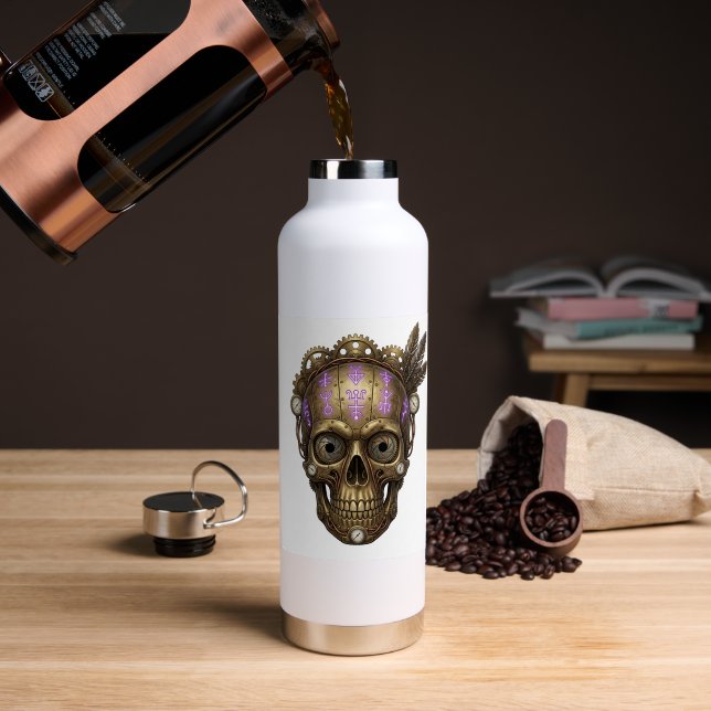 Steampunk Mechanical Skull Glowing Purple Runes Water Bottle (Coffee (Rotated))