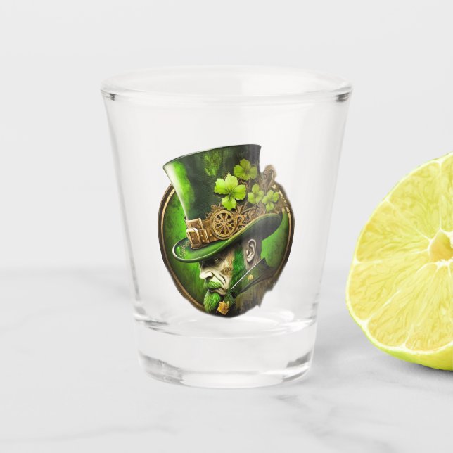 Steampunk Mechanical Top Hat St. Patrick’s Day Man Shot Glass (Front)