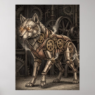 Steampunk Mechanical Wolf Brass Gears Victorian Poster