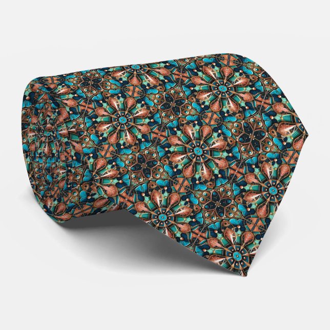 Steampunk Medallion Pattern - Copper, Teal & Gold Neck Tie (Rolled)