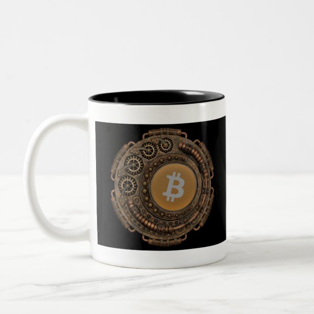 Steampunk meets bitcoin Two-Tone coffee mug (Left)