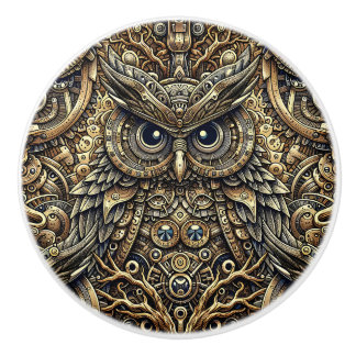 Steampunk Metal and Diamond Gold Owl Ceramic Knob