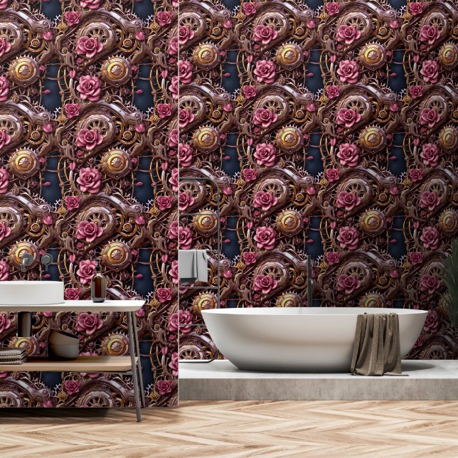 Steampunk Metal Gears and Pink Roses Wallpaper (Bathroom)