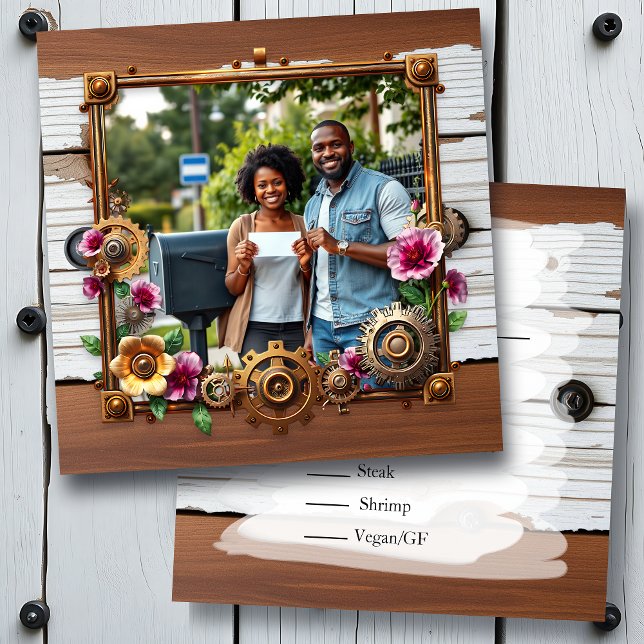  Steampunk Metal & Wood Personalized Wedding RSVP Save The Date (Creator Uploaded)