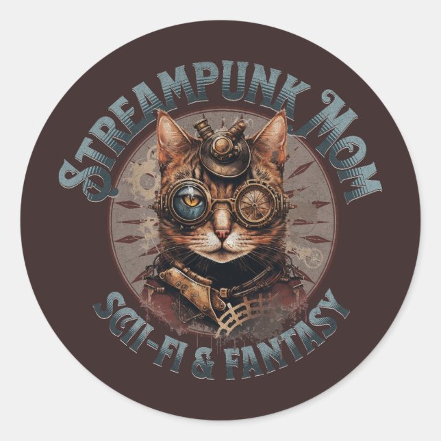 Steampunk Mom Cat Classic Round Sticker (Front)