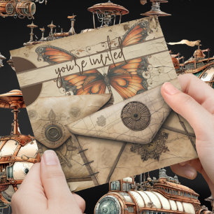 Steampunk Monarch Butterfly Leather Birthday Invitation