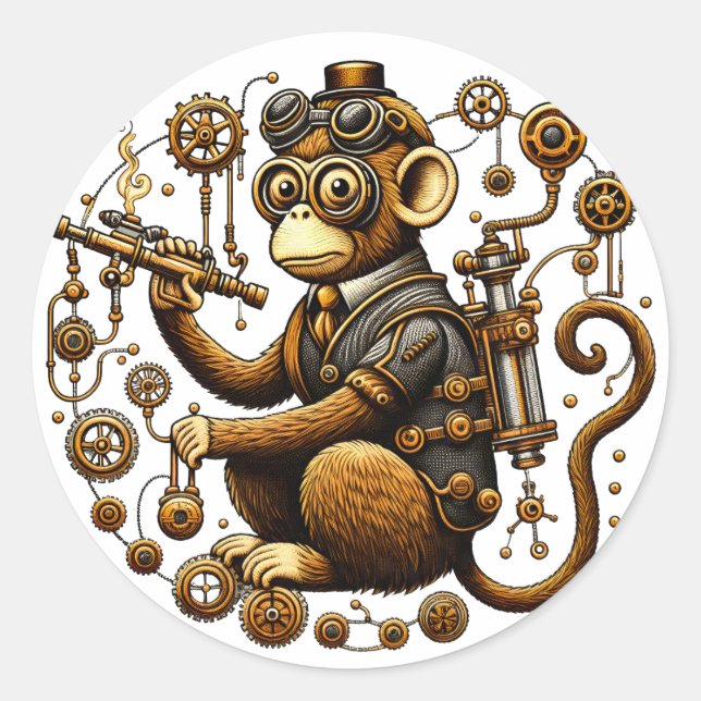 Steampunk Monkey with Ray Gun Classic Round Sticker (Front)