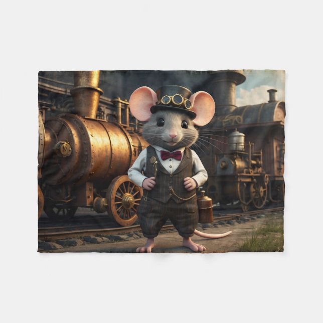 Steampunk Mouse and Train Fleece Blanket (Front (Horizontal))