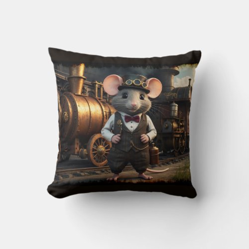 Steampunk Mouse and Train Throw Pillow