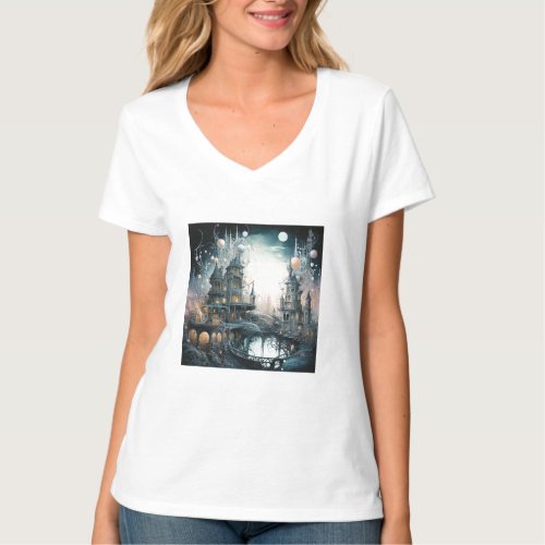 Steampunk Mysterious Castle Next to Pond T_Shirt
