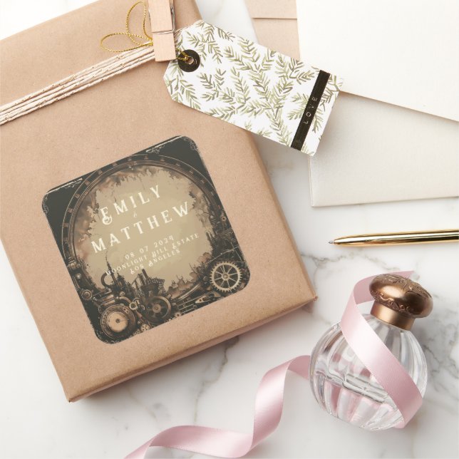 Steampunk Noir Affair Wedding Square Sticker (Gifting)