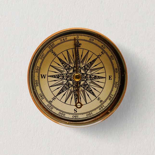 Steampunk Nostalgic Old Brass Compass Button (Front)