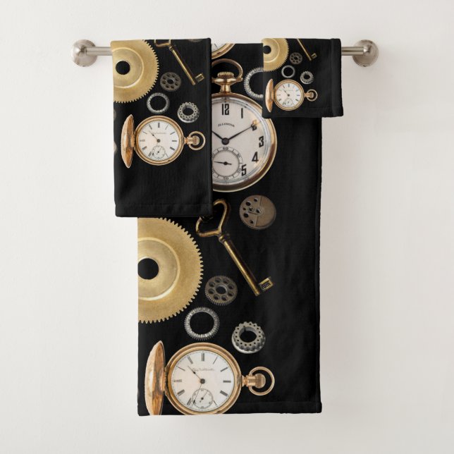 Steampunk objects Gears Pocket watch Skeleton Key Bath Towel Set (Insitu)
