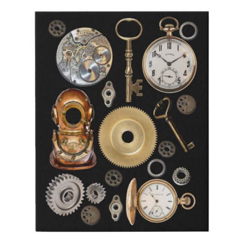 Steampunk objects Gears Pocket watch Skeleton Key Faux Canvas Print