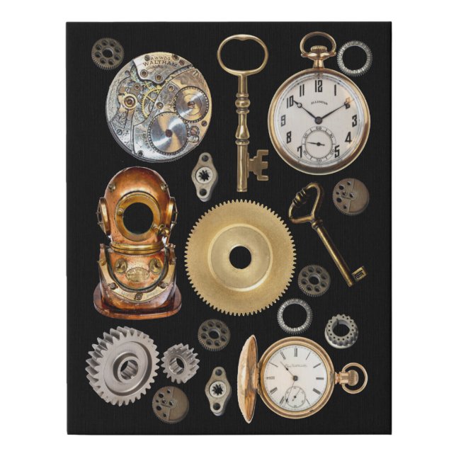 Steampunk objects Gears Pocket watch Skeleton Key Faux Canvas Print (Front)