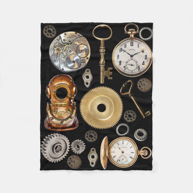 Steampunk objects Gears Pocket watch Skeleton Key Fleece Blanket (Front)