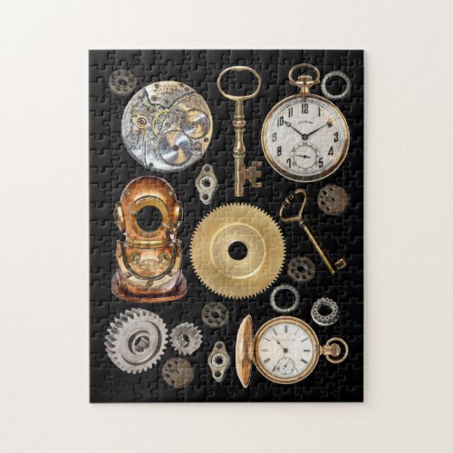 Steampunk objects Gears Pocket watch Skeleton Key Jigsaw Puzzle