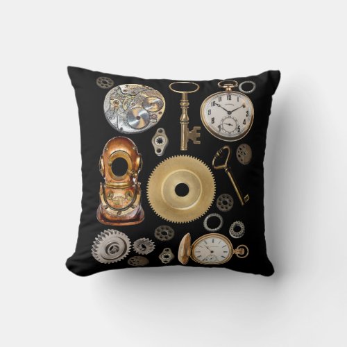 Steampunk objects Gears Pocket watch Skeleton Key Throw Pillow