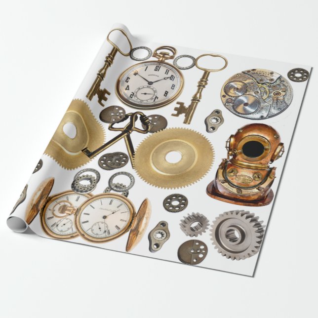 Steampunk objects Gears Pocket watch Skeleton Key Wrapping Paper (Unrolled)