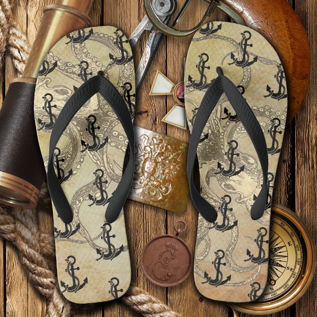 Steampunk Octopus and Anchors Flip Flops (Octopus and Anchor Pirate Flip Flops)
