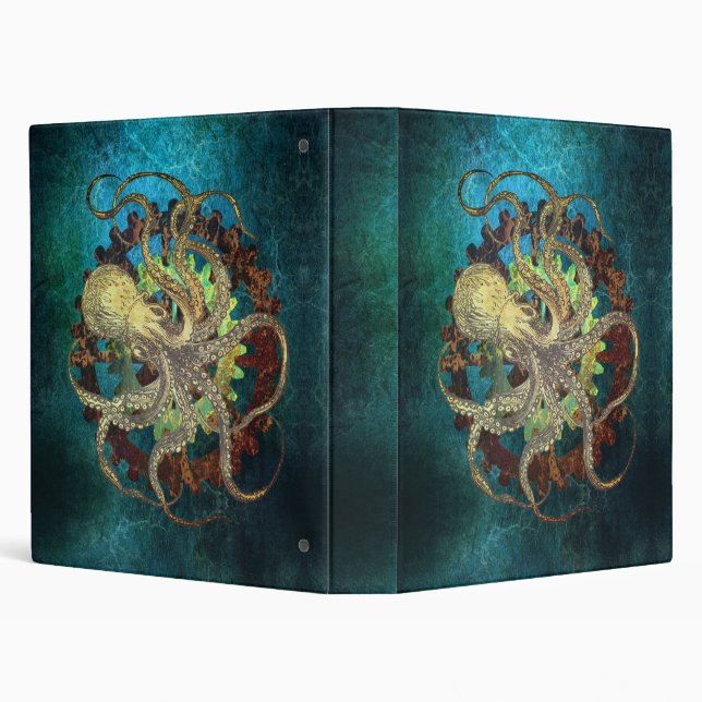 Steampunk Octopus & Clockwork Gears 3 Ring Binder (Background)