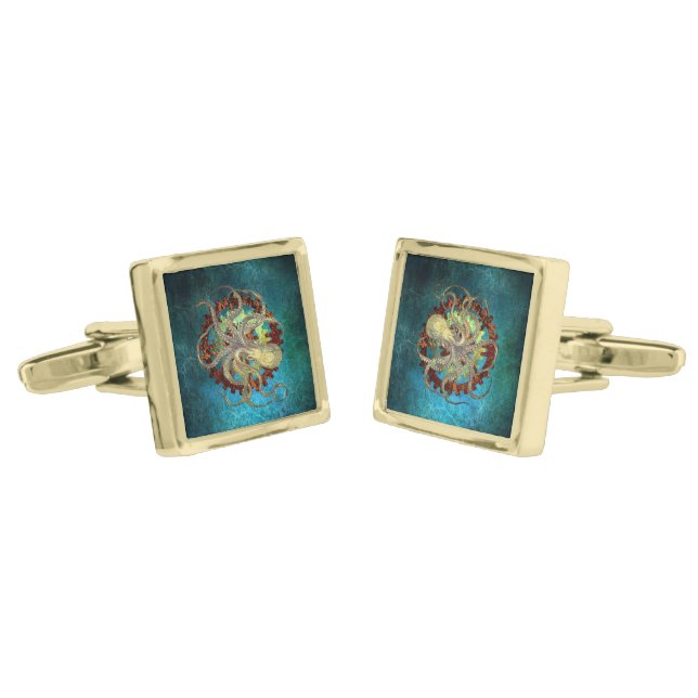 Steampunk Octopus & Clockwork Gears  Cufflinks (Angled)