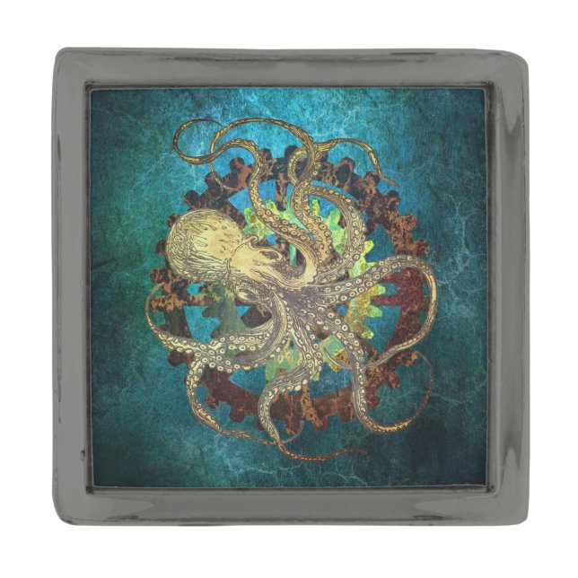 Steampunk Octopus & Clockwork Gears Gunmetal Finish Lapel Pin (Front)
