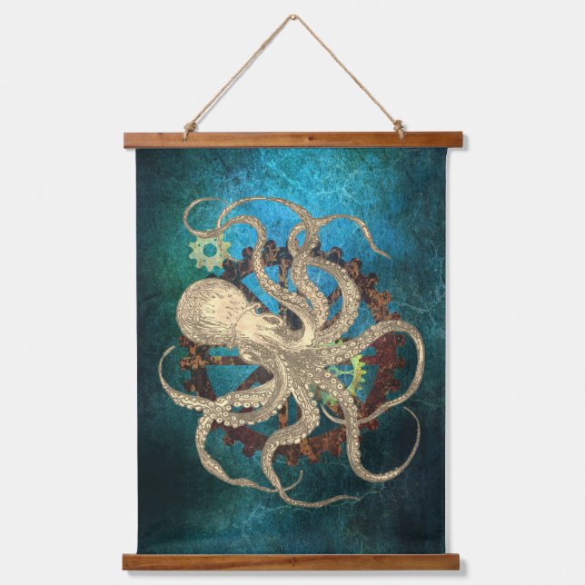 Steampunk Octopus & Clockwork Gears Hanging Tapestry (Front)